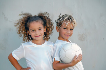 Happy School Children. Team Friends Play Soccer Game Together. Children Play Sports on Sunny Summer Day. Little Boy and Girl Smiling to the Camera and Holding Soccer Ball