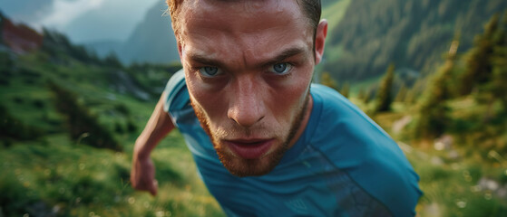 Close-up macro portrait of long distance ultra marathon trail running athlete, running on an outdoor trail. Man isolated against trail background. Bright clear day, juxtaposition of light and shadow