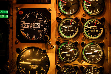 Cockpit engine gauges on aeroplane