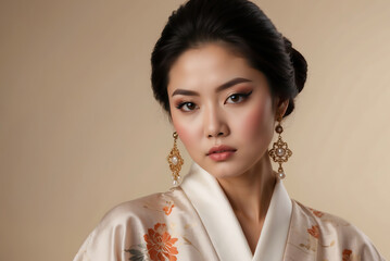 Porträt einer eleganten japanischen jungen Frau im traditionellen Kimono - obrazy, fototapety, plakaty