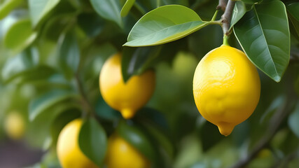 Yellow citrus lemon fruit and green leaves in garden. Citrus Limon grows on a tree branch, close up. Decorative citrus lemon house plant Meyer lemon Citrus × meyeri