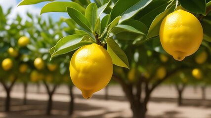 Yellow citrus lemon fruit and green leaves in garden. Citrus Limon grows on a tree branch, close up. Decorative citrus lemon house plant Meyer lemon Citrus × meyeri