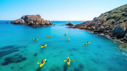 Aerial view of yellow kayaks in blue sea in summer. Man on floating canoe in clear azure water, rocks, stones. Active travel. Top view - Powered by Adobe