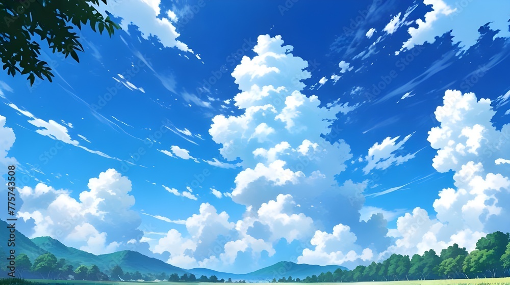 Wall mural anime fantasy wallpaper background concept : a natural landscape with a bright blue sky and fluffy w