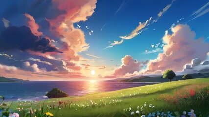 Anime fantasy wallpaper background concept : Breathtaking summer sunset paints the sky with vibrant colors over a rural landscape of rolling green fields and a winding river, generative ai