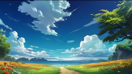 Fototapeta premium Anime fantasy wallpaper background concept : A scenic landscape with a grassy field bathed in sunlight under a bright blue sky, generative ai