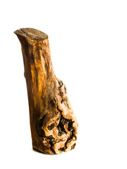 Wooden log with strange monster like deformation on white background. Abstract forest demon.