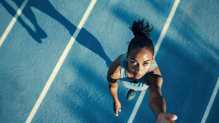 Aerial drone portrait of young woman running athlete training on an athletics track. Woman isolated...