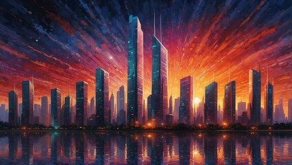 A painting of a futuristic city skyline with tall buildings and a red sky

 - obrazy, fototapety, plakaty