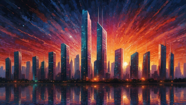A painting of a futuristic city skyline with tall buildings and a red sky

