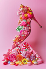 high hills shoes made of candy and sweets isolated on pink background
