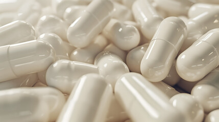 Close-up image of a collection of white medical capsules, showcasing pharmaceutical products and supplement pills.
