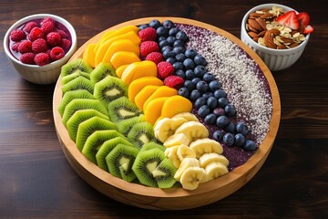 A wooden bowl filled with an assortment of colorful fruits and a variety of nuts, creating a visually appealing and nutritious display. Generative AI