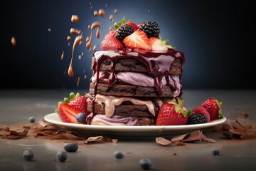 A stack of delicious chocolate cake topped with fresh strawberries. Generative AI