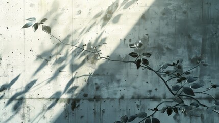 A shadow of a plant is cast on a concrete wall, creating a contrast between light and dark