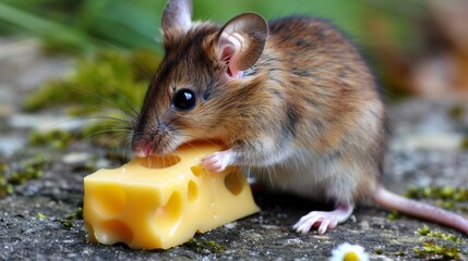 A cute little mouse is seen eating a piece of cheese on the ground