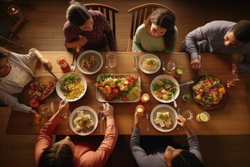 Several individuals seated at a table, eating and conversing during a wholesome family meal. Generative AI