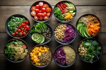 A variety of bowls filled with different types of wholesome family meals, showcasing a range of flavors and ingredients. Generative AI