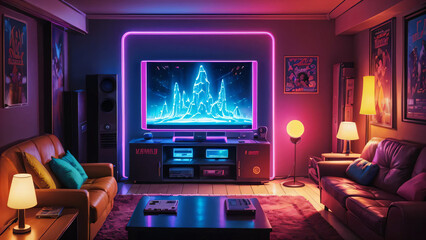 Retro Living Room and Neon lights. AI generativ. 