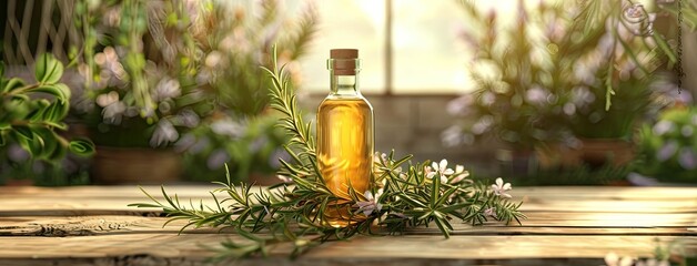 rosemary oil captured in an elegant glass bottle, adorned with sprigs of fresh rosemary, against a rustic wooden surface, surrounded by delicate rosemary flowers, illuminated by soft natural lighting. - obrazy, fototapety, plakaty