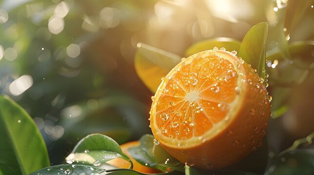 Orange with water drops on nature background