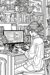 Coloring page of woman is focused on her computer screen while sitting at a desk, typing and working diligently