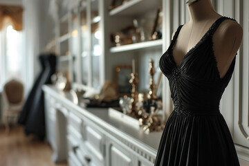 Elegant black dress on a mannequin on a blurred background. Generative AI - obrazy, fototapety, plakaty