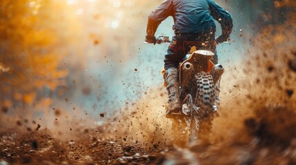 Motocross, dirt debris flying from bike, offroad motorbike racing, rear view - Powered by Adobe