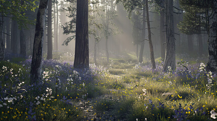 Mysterious morning in the spring forest with blooming flowers.