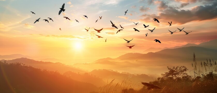 A flock of birds flies over the valley on a twilight sunbeam at sunset. Birds flying. A concept of freedom.
