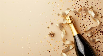 champagne bottle with golden ribbons and confetti, celebration of birthdays or festivals - obrazy, fototapety, plakaty