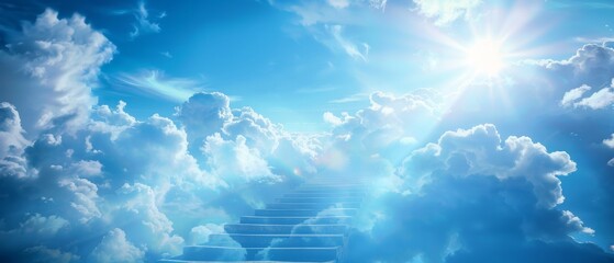 The sky is azure with light from heaven, a staircase to heaven, and a light of hope shining in the sky - obrazy, fototapety, plakaty