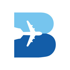 Logo travel. Letra inicial B con silueta de avión en espacio negativo para agencia de viajes