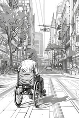 A man in a wheelchair navigating a busy city street, surrounded by pedestrians and vehicles