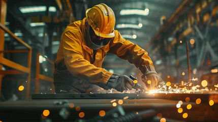 A man in a yellow jacket is working on a piece of metal