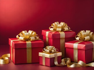 Close up luxury red  gifts with golden bows and ribbons placed on red background.