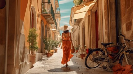 Fototapeta premium Woman walks down a narrow street 