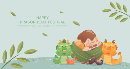 Chinese Dragon Boat Festival poster or greeting card, cute dragon mascot or character, traditional food rice dumplings, delicious fillings and sauces, vector illustration