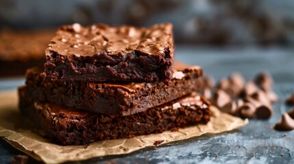 Stack of chocolate brownie slices baked with sweet gourmet indulgence in focus