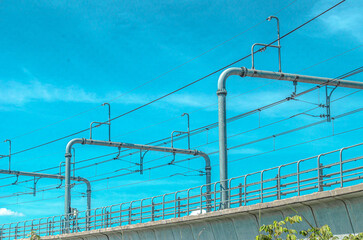 A view from below of elevated train bridge.