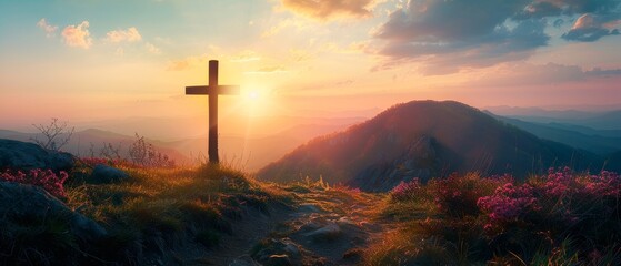 Easter concept with silhouette cross on Calvary mountain sunset background. - obrazy, fototapety, plakaty