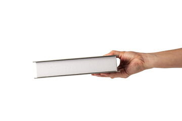 Blank grey book cover in hand on transparent background.
