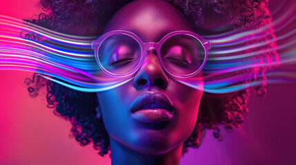 Charming african american woman with glasses resting on her head standing against a vibrant neon background - obrazy, fototapety, plakaty