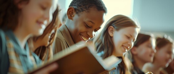The christian group opens a bible page in a Sunday school class room while reading the bible together with friends