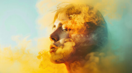 A serene womans side profile enveloped in swirling golden smoke against a soft blue background