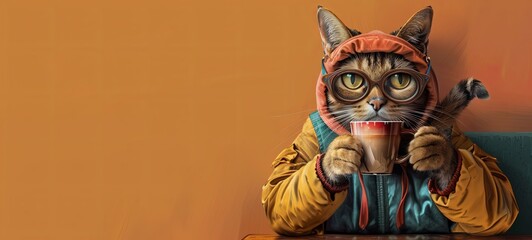 a cat in a suit drinks coffee at the coffee table. simple background. rich colors. various colors. generative ai