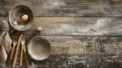 ceramic plates and wooden cutlery are delicately arranged on a weathered wooden background, evoking the cozy essence of a countryside kitchen.