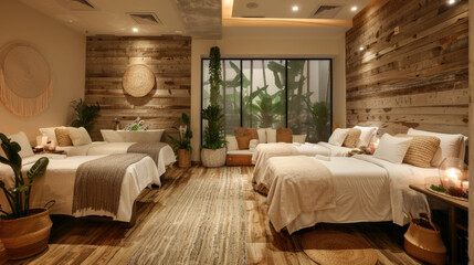 A room featuring four beds against a wooden wall, creating a cozy and functional sleeping area
