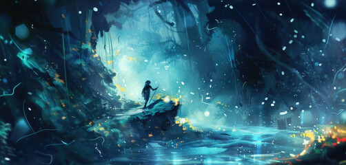 Alone silhouette stands by a glowing pond in an enchanted forest, surrounded by ethereal lights - obrazy, fototapety, plakaty