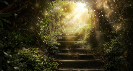 Set of stairs leads upwards towards a bright light at the end of a tunnel, creating a sense of progress and hope